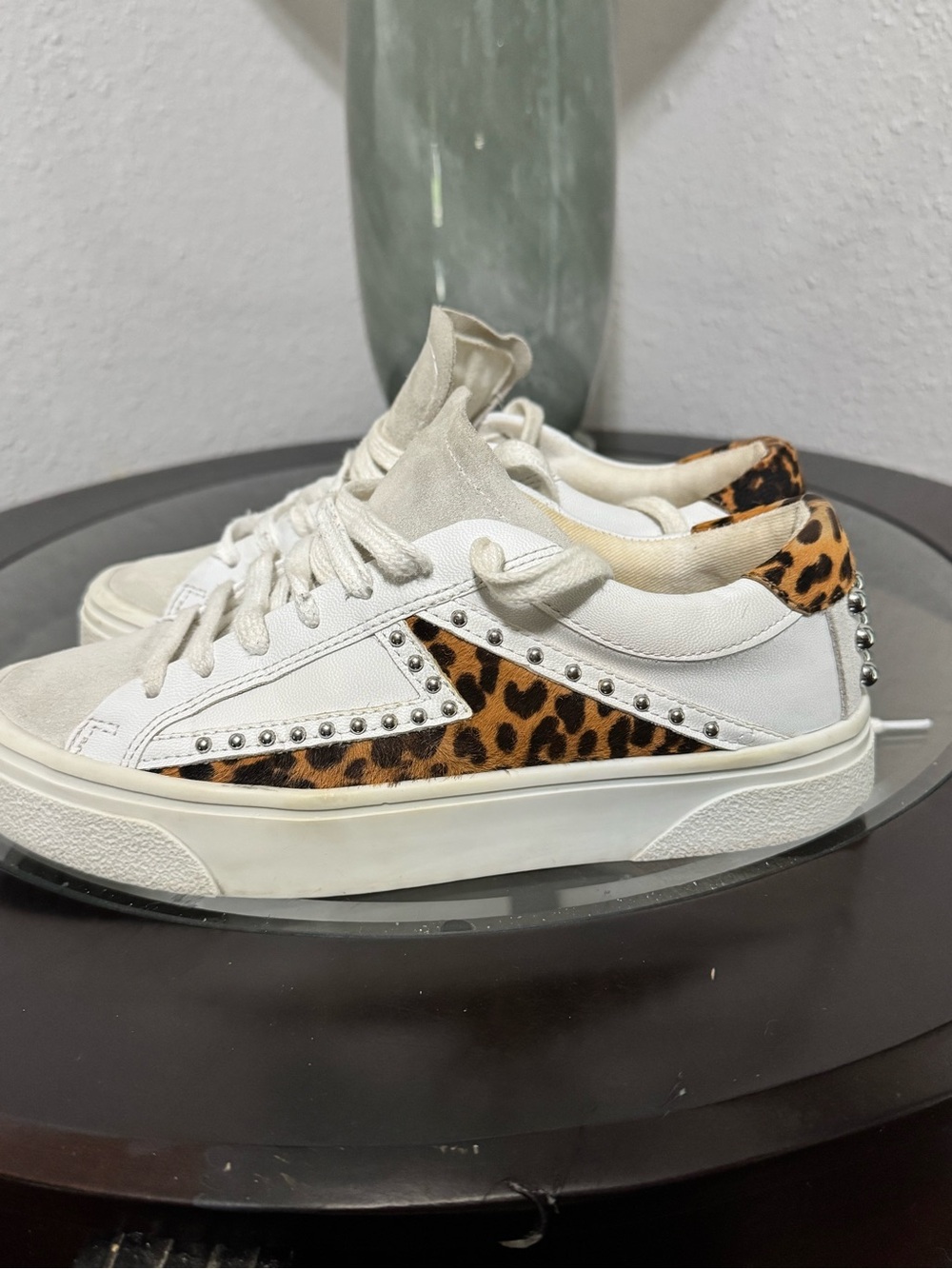 Zara White Sneakers with Leopard Print and Silver Studs